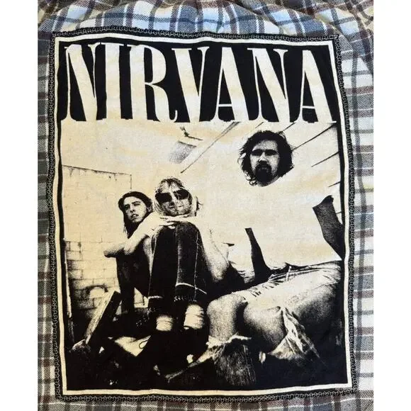 NIRVANA Kurt Cobain Upcycled Retro Vintage 90s Grunge Rock Plaid Flannel Size M - Picture 10 of 12